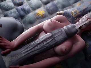 Анимирани хентаи са великим пенисом на женском и финишу лица за секси посетиоца са крилима