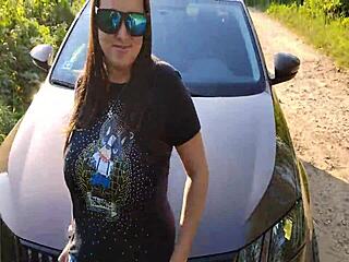 Step-sister enjoys herself in a new car and narrowly avoids getting caught while giving a stranger a blowjob in the woods.