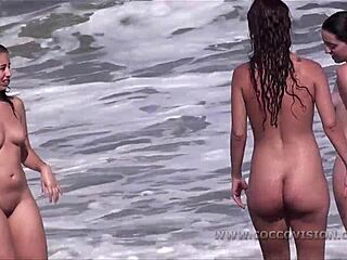 Busty vrouwen nemen om beurten een zonnebad op het strand