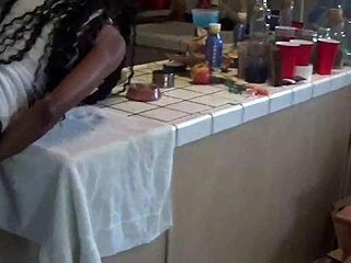 Interracial kitchen fuck with amateur couple in spanking and thong