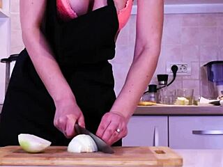 White girl with natural tits cooks naked in the kitchen