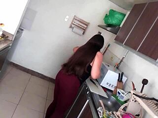 My stepmom from Colombia shows off her big boobs in the kitchen in New York, USA