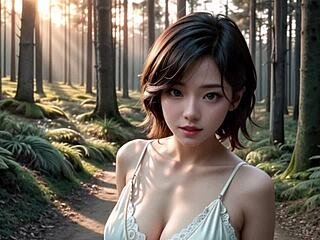 Japonesa hentai con tetas grandes y tacones en el bosque