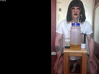 Shy bisexual crossdresser indulges in lactating pleasure with portable milking device